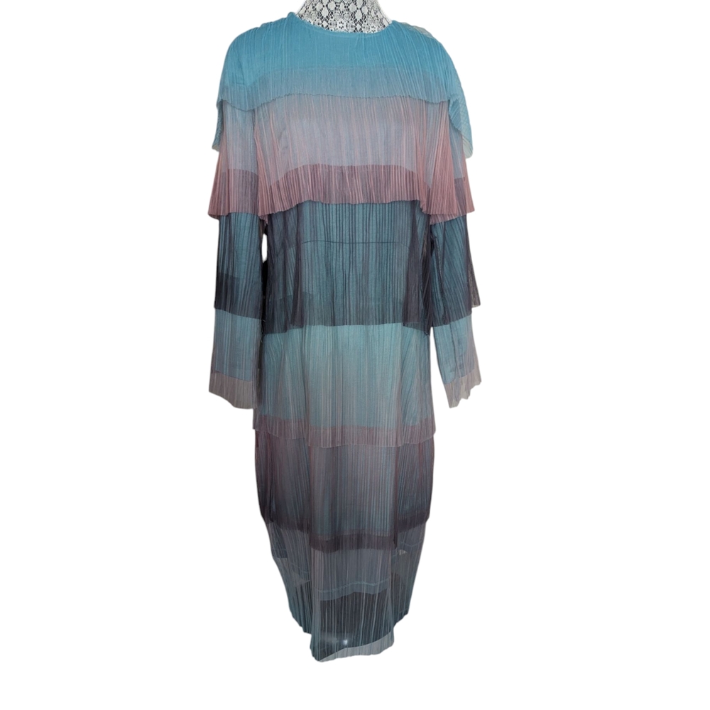 Sara Navon Multicolor Tiered Tule Layered Midi Chiffon Dress.